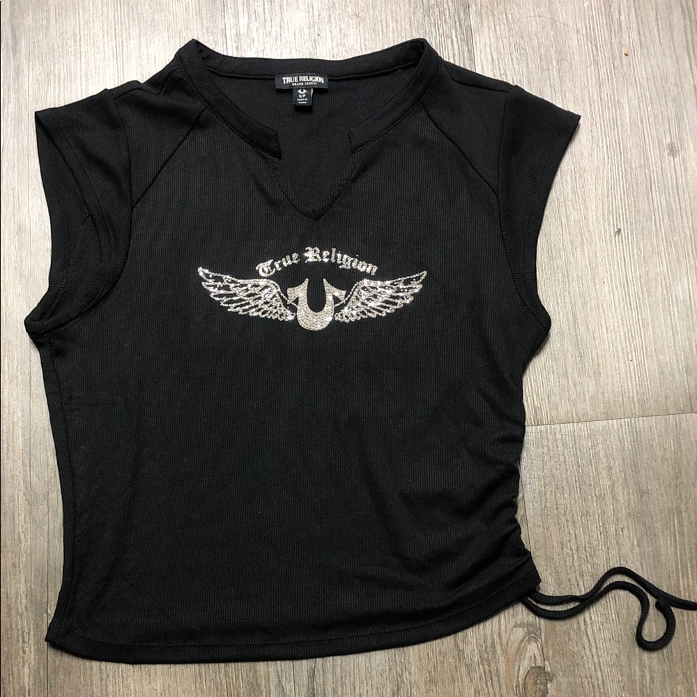 True Religion Black Ribbed Sleeveless Top with Silver Logo